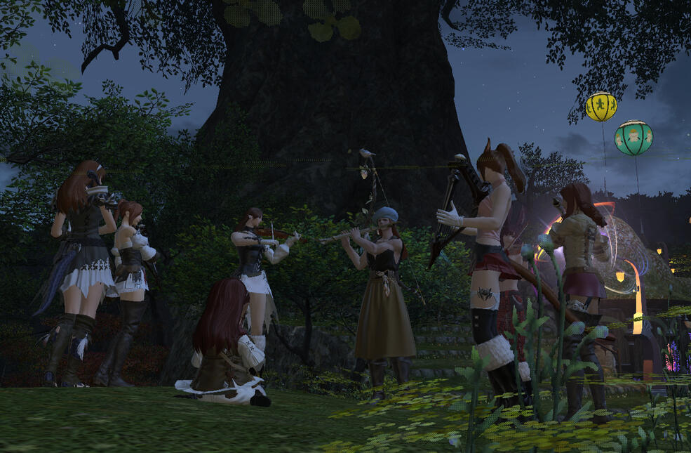 Rehearsing tunes near the Dappled Stalls in Gridania's housing area